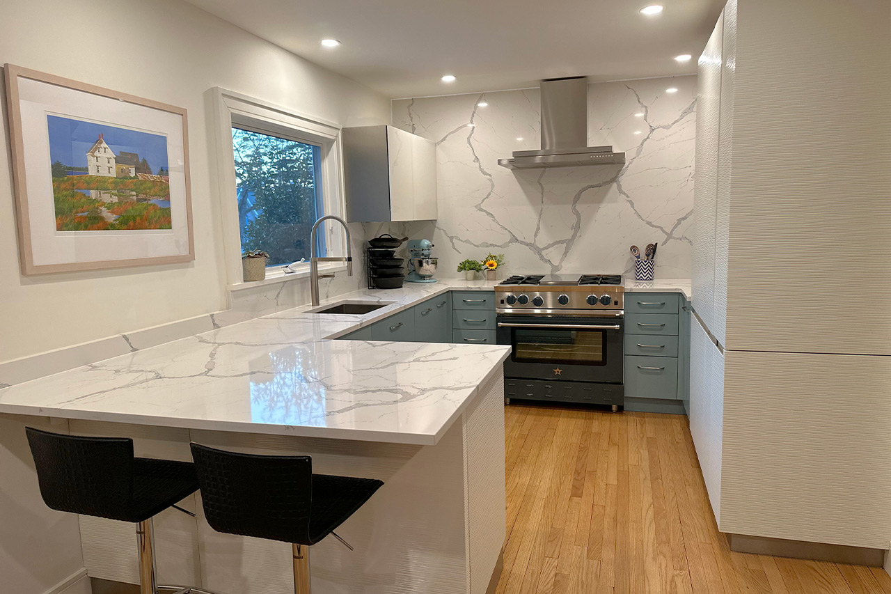 230327-full white slab countertop - teal kitchen cabinet-1280-2 teal kitchen cabinet, White Kitchen countertop