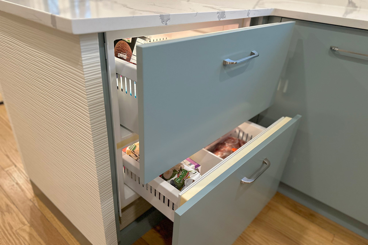 230327-full white slab countertop - teal kitchen cabinet- Fridge Drawer-1280 teal kitchen cabinet - Fridge Drawer