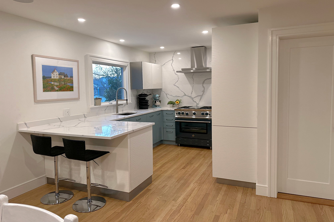 230327-full white slab countertop - teal kitchen cabinet - Full Kitchen View -1280 full white slab countertop - teal kitchen cabinet - Full Kitchen View