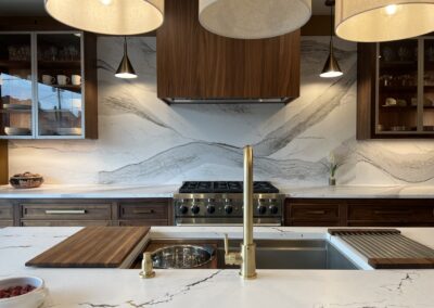 modern kitchen with galley sink in brown and white